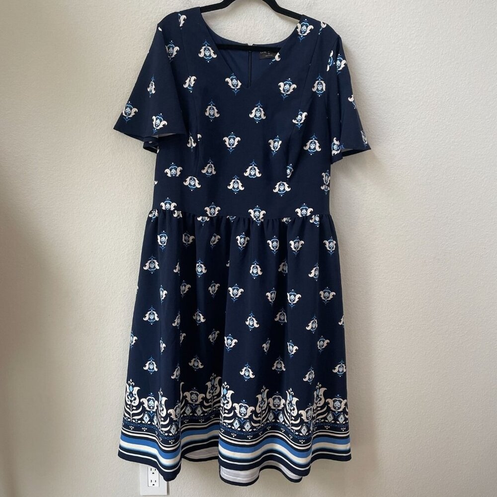 Lane Bryant Womens Plus 24 Navy White Floral Dress With Waist Tie & Pockets